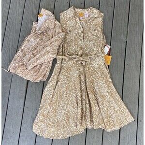 Ruby Rd 22W Linen Blend Belted Dress Jacket Set Tan Tribal Print Plus Size